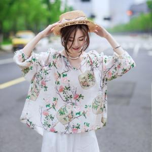 V-Neck Printed Plus Size Blouse Womens Linen Shirt