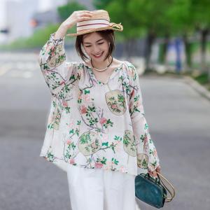 V-Neck Printed Plus Size Blouse Womens Linen Shirt