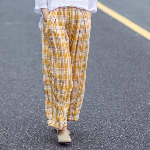 Preppy Style Linen Gingham Pants Wide Leg Linen Yellow Trousers