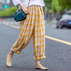 Preppy Style Linen Gingham Pants Wide Leg Linen Yellow Trousers