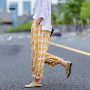 Preppy Style Linen Gingham Pants Wide Leg Linen Yellow Trousers