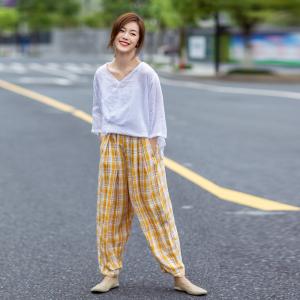 Preppy Style Linen Gingham Pants Wide Leg Linen Yellow Trousers