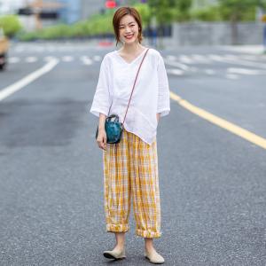 Preppy Style Linen Gingham Pants Wide Leg Linen Yellow Trousers