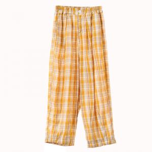 Preppy Style Linen Gingham Pants Wide Leg Linen Yellow Trousers