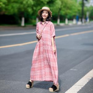 Pink Gingham Linen Shirt Dress Loose Pink Resort Frock