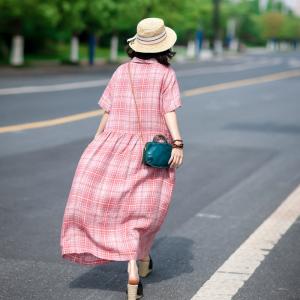 Pink Gingham Linen Shirt Dress Loose Pink Resort Frock