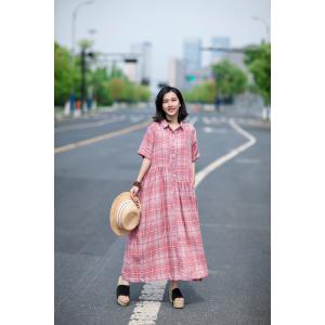 Pink Gingham Linen Shirt Dress Loose Pink Resort Frock