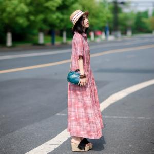 Pink Gingham Linen Shirt Dress Loose Pink Resort Frock