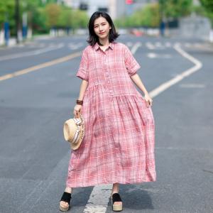 Pink Gingham Linen Shirt Dress Loose Pink Resort Frock