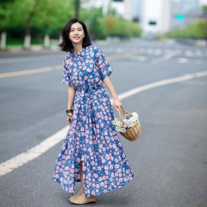 Half Sleeve Loose Pink Floral Dress Linen Shirt Dress with A Belt