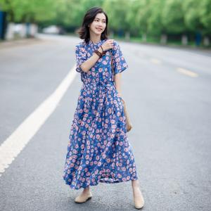 Half Sleeve Loose Pink Floral Dress Linen Shirt Dress with A Belt