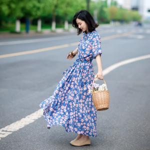 Half Sleeve Loose Pink Floral Dress Linen Shirt Dress with A Belt