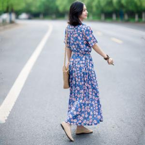 Half Sleeve Loose Pink Floral Dress Linen Shirt Dress with A Belt