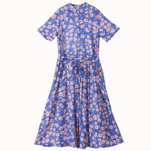 Half Sleeve Loose Pink Floral Dress Linen Shirt Dress with A Belt