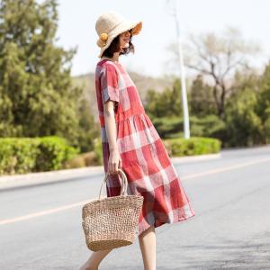 Classical Big Plaid Dress Empire Waist Summer Cotton Linen Dress