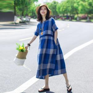 Classical Big Plaid Dress Empire Waist Summer Cotton Linen Dress