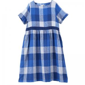 Classical Big Plaid Dress Empire Waist Summer Cotton Linen Dress