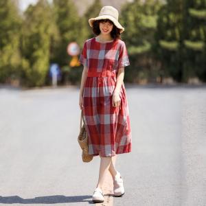 Classical Big Plaid Dress Empire Waist Summer Cotton Linen Dress