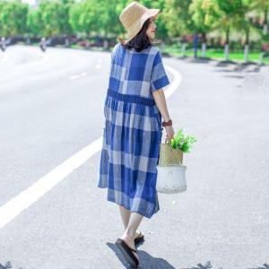 Classical Big Plaid Dress Empire Waist Summer Cotton Linen Dress