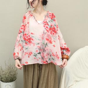 Plum Blossom Printed Fall Blouse Large Ramie Blouse for Woman