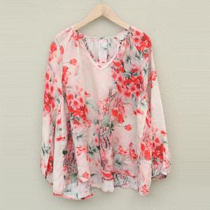 Plum Blossom Printed Fall Blouse Large Ramie Blouse for Woman