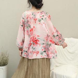 Plum Blossom Printed Fall Blouse Large Ramie Blouse for Woman