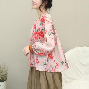 Plum Blossom Printed Fall Blouse Large Ramie Blouse for Woman