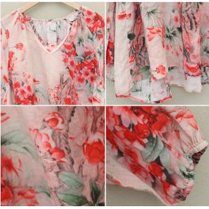 Plum Blossom Printed Fall Blouse Large Ramie Blouse for Woman