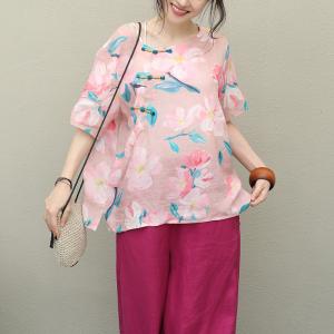 Button Decoration Chinese Blouse Short Sleeve Printed Pink Shirt