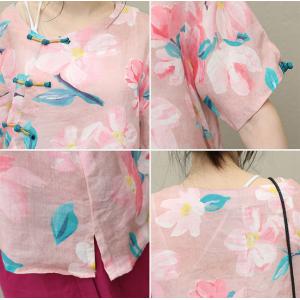 Button Decoration Chinese Blouse Short Sleeve Printed Pink Shirt
