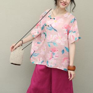 Button Decoration Chinese Blouse Short Sleeve Printed Pink Shirt