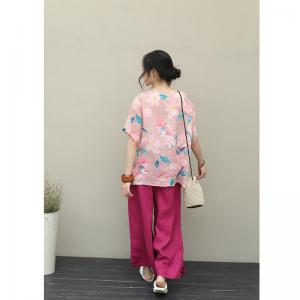 Button Decoration Chinese Blouse Short Sleeve Printed Pink Shirt