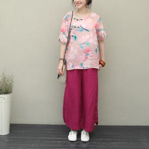 Button Decoration Chinese Blouse Short Sleeve Printed Pink Shirt