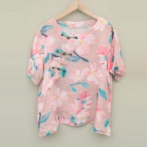 Button Decoration Chinese Blouse Short Sleeve Printed Pink Shirt