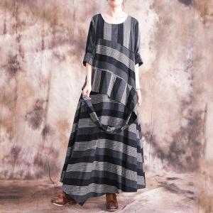 Chunky Stripes Long Sleeve Maxi Skirt Plus Size Layering Linen Frock