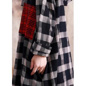 Red Pockets Checked Hooded Dress Crew Neck Cotton Linen Dress