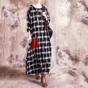 Red Pockets Checked Hooded Dress Crew Neck Cotton Linen Dress