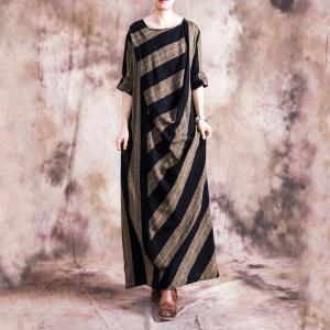 Black Stripes Cotton Linen Maxi Dress Long Sleeve Elegant Caftan