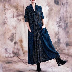 Blue Patterns Empire Waist Designer Dress Long Sleeve Vintage Maxi Dress