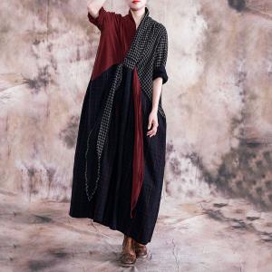 Red Contrast Plaid Maxi Dress Cotton Linen Wrap Kimono Dress