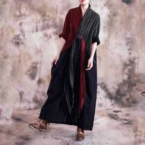 Red Contrast Plaid Maxi Dress Cotton Linen Wrap Kimono Dress