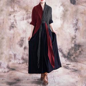 Red Contrast Plaid Maxi Dress Cotton Linen Wrap Kimono Dress