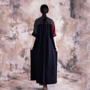 Red Contrast Plaid Maxi Dress Cotton Linen Wrap Kimono Dress