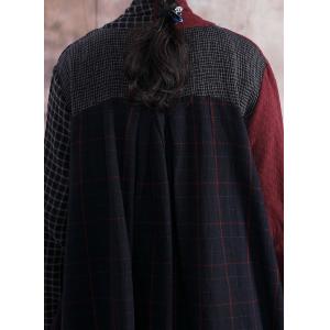 Red Contrast Plaid Maxi Dress Cotton Linen Wrap Kimono Dress