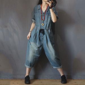 Drawstring Waist Denim Jumpsuits In 90s Loose Korean One Pieces Jeans