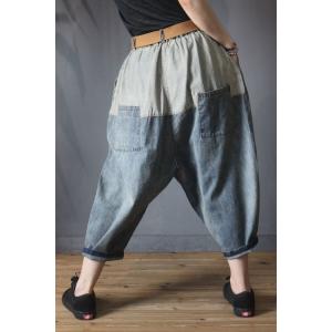Fashion Blue Contrast Baggy Cropped Jeans Womans 90s Mom Jeans