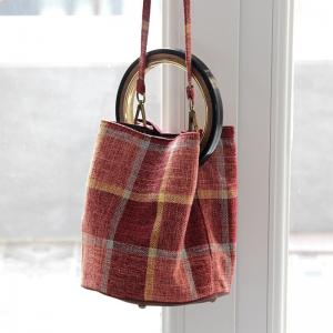 French Style Big Checks Bucket Bag Vintage Cotton Linen Handbag