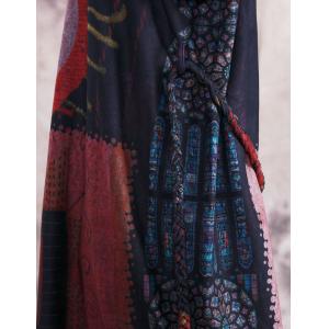Chinese Folk Printed Knitted Dress Loose Maxi Tunic Dress with A Belt