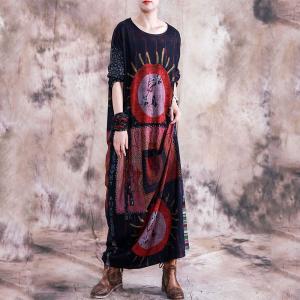 Chinese Folk Printed Knitted Dress Loose Maxi Tunic Dress with A Belt