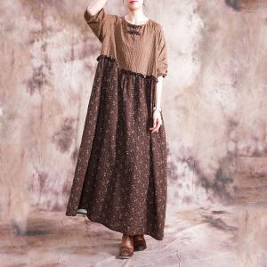 Japanese Style Cotton Linen Shift Dress High-Waisted Floral Print Dress